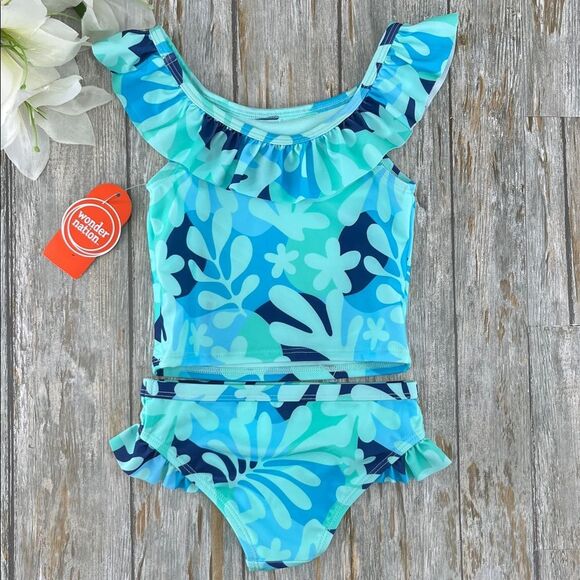 Toddler Girl Tropical Print Ruffle Tankini Swimsuit Two-Piece, Size 2T - Picture 3 of 5